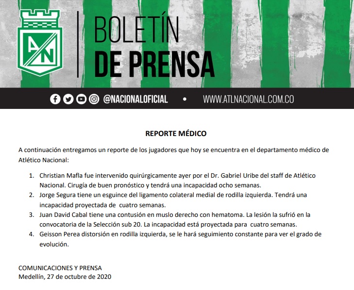 Atlético Nacional, reporte médico, 27 de octubre