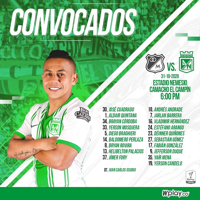 Convocados Nacional vs. Millonarios, fecha 17, Liga BetPlay 2020-I