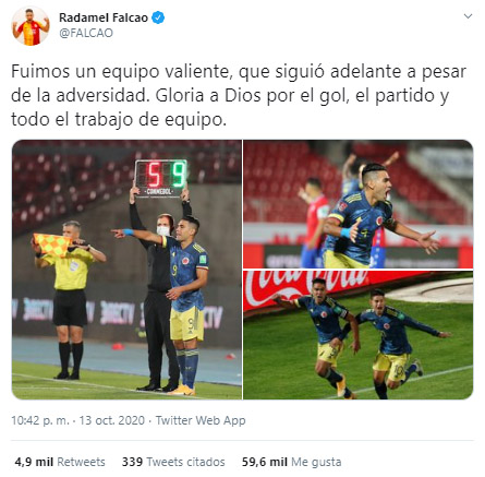 Falcao García, reacción, Selección Colombia, Selección de Chile, Eliminatorias Sudamericanas al Mundial de Fútbol Qatar 2022, Eliminatorias Sudamericanas Qatar 2022 (1)