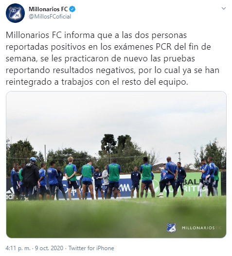 Millonarios FC, Liga BetPlay 2020-I, COVID-19, último informe