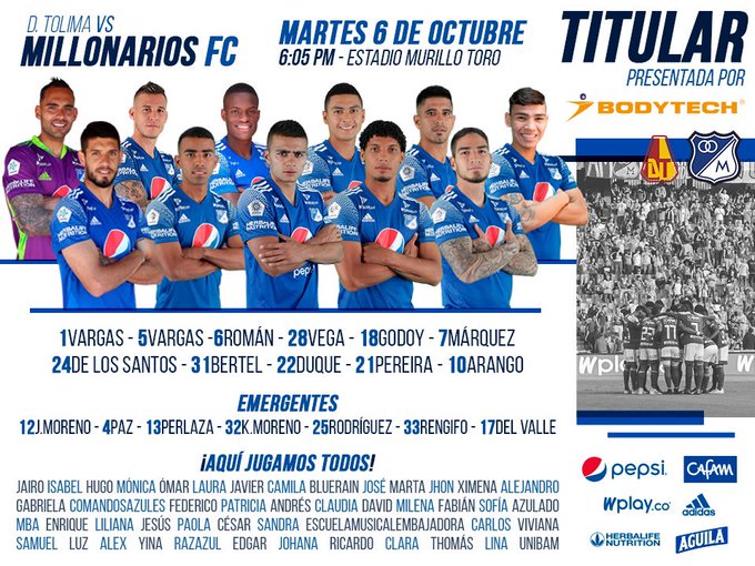 Millonarios FC, titulares, Deportes Tolima, Liga BetPlay 2020-I