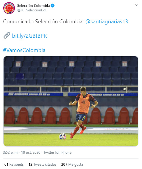 Santiago Arias, Selección Colombia, Federación Colombiana de Fútbol, comunicado oficial, Selección de Venezuela, Eliminatorias a Qatar 2022, Mundial de Fútbol Qatar 2022