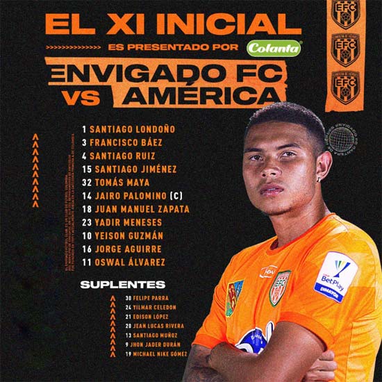 Envigado vs. América de Cali: titulares confirmadas