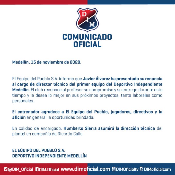 DIM, Deportivo Independiente Medellín, Javier Álvarez, renuncia