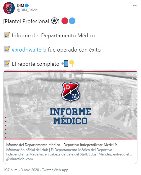 DIM, Deportivo Independiente Medellín, reporte médico, Walter Rodríguez, Bayron Garcés, Edwin Mosquera, Leonardo Castro, Liga BetPlay 2020
