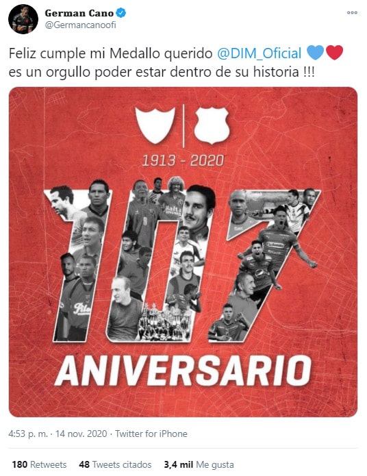Germán Cano, DIM, Deportivo Independiente Medellín, cumpleaños 107, felicitación