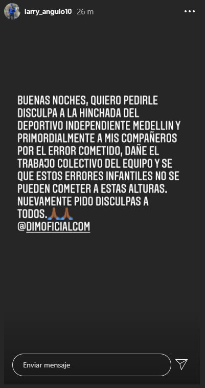 Larry Angulo, disculpas, Deportivo Independiente Medellín, DIM, Independiente Santa Fe, Liga BetPlay 2020