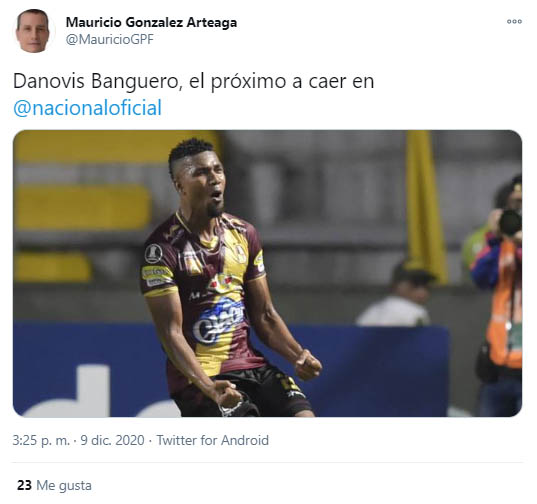 Danovis Banguero, Atlético Nacional, Deportes Tolima, Mauricio González, tweet