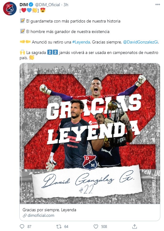 Deportivo Independiente Medellín, DIM, David González, tweet