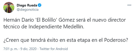 Hernán Darío 'Bolillo' Gómez, Bolillo Gómez, Hernán Darío Gómez, DIM, Deportivo Independiente Medellín, Diego Rueda, tweet