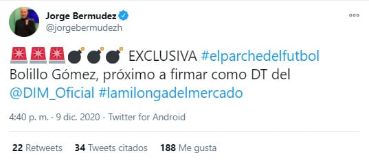 Hernán Darío 'Bolillo' Gómez, Bolillo Gómez, Hernán Darío Gómez, DIM, Deportivo Independiente Medellín, Jorge Bermúdez, tweet