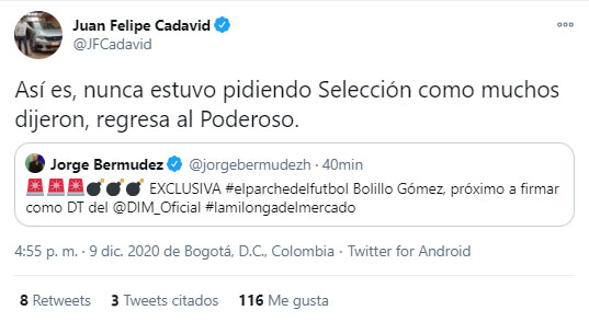 Hernán Darío 'Bolillo' Gómez, Bolillo Gómez, Hernán Darío Gómez, DIM, Deportivo Independiente Medellín, Juan Felipe Cadavid, tweet