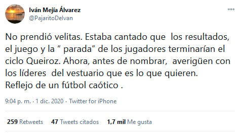 Iván Mejía Álvarez, tweet, Carlos Queiroz, Selección Colombia