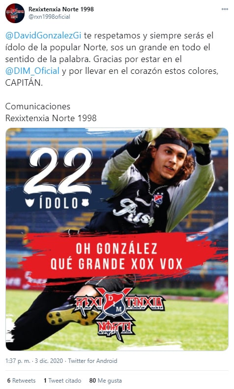 Rexixtenxia Norte, Deportivo Independiente Medellín, DIM, David González, tweet