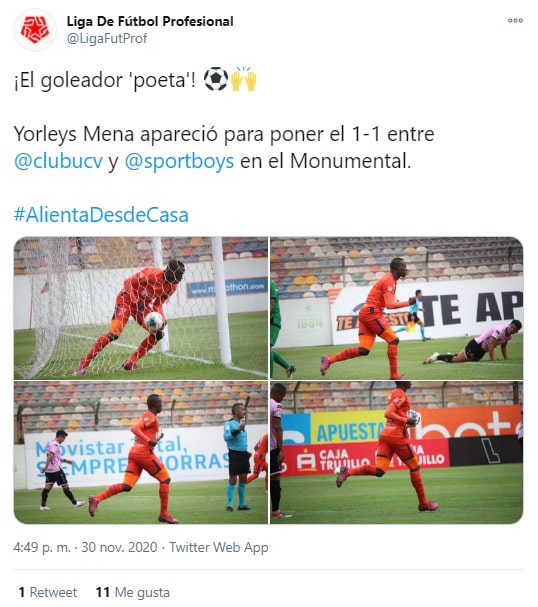 Yorleys Mena, celebración, Universidad César Vallejo 3-1 Sport Boys, Liga1 2020