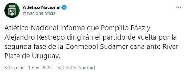 Atlético Nacional, Copa Sudamericana 2020, Pompilio Páez, Alejandro Restrepo