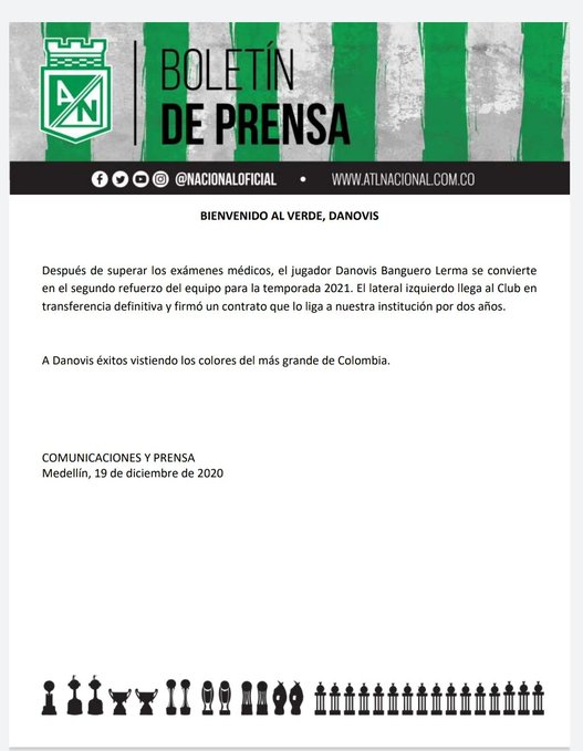 Atlético Nacional, comunicado oficial, Danovis Banguero