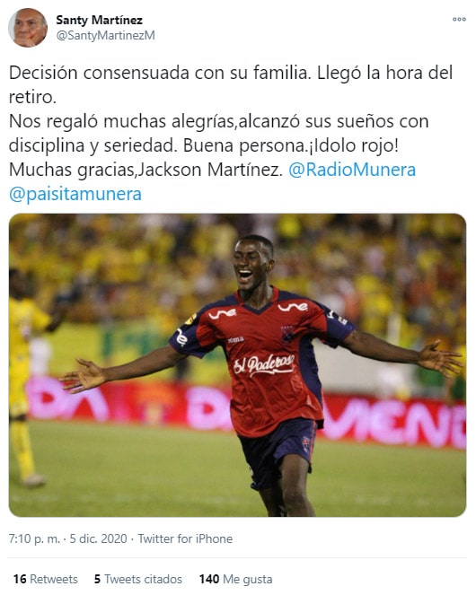 Jackson Martínez, Deportivo Independiente Medellín, DIM, Liguilla BetPlay 2020, Santy Martínez, tweet