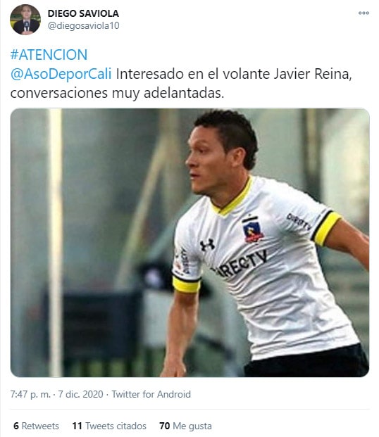 Javier Reina, Deportivo Cali, Deportivo Independiente Medellín, DIM, Diego Saviola, tweet