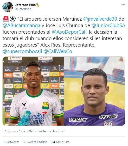 Jéfersson Martínez, Deportivo Cali, Atlético Bucaramanga, Jéferson Piña, tweet