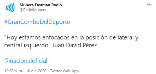 Juan David Pérez, Atlético Nacional, Múnera Eastman Radio, tweet 1