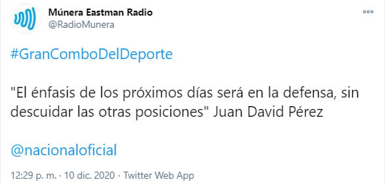Juan David Pérez, Atlético Nacional, Múnera Eastman Radio, tweet 2