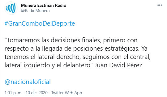 Juan David Pérez, Atlético Nacional, Múnera Eastman Radio, tweet 3