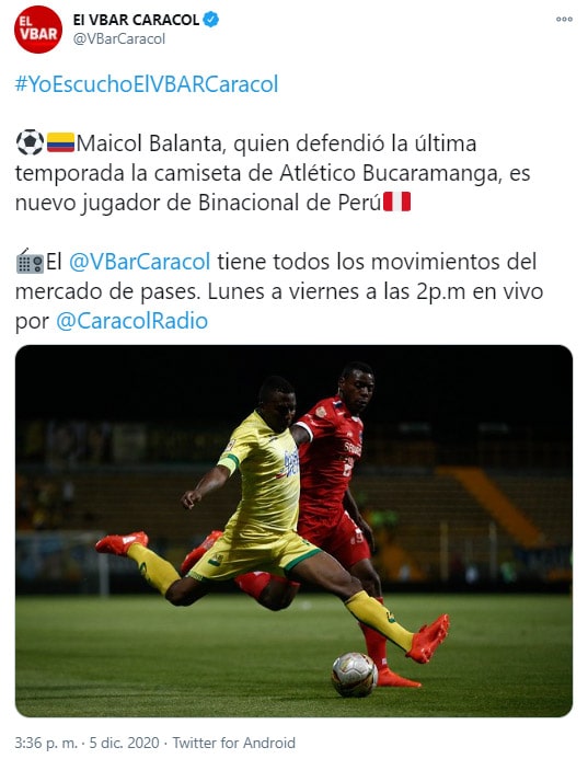Maicol Balanta, Deportivo Binacional FC, Johan Arango, Atlético Bucaramanga, DIM, Deportivo Independiente Medellín, El VBAR