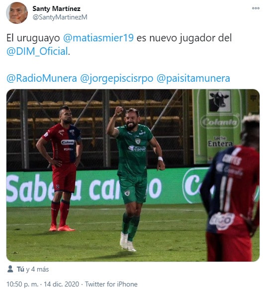 Matías Mier, Equidad Seguros, Deportivo Independiente Medellín, DIM, Santy Martínez, tweet