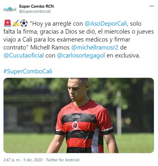 Michell Ramos, Deportivo Cali, Cúcuta Deportivo, tweet
