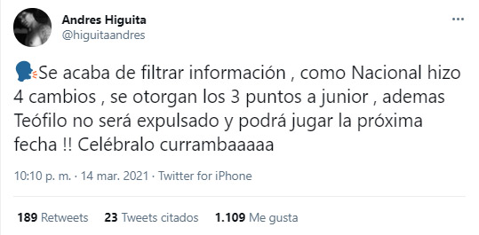 Atlético Nacional, Junior FC, René Higuita, Andrés Higuita, Liga BetPlay 2021-I, tweet