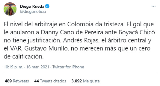 Diego Rueda, Deportivo Pereira, Boyacá Chicó FC, Liga BetPlay 2021-I, Andrés Rojas, Gustavo Murillo, Viralgol, tweet