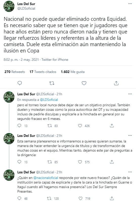 Los del Sur, Alexandre Guimarães, Atlético Nacional, Liga BetPlay 2021-I, tweet