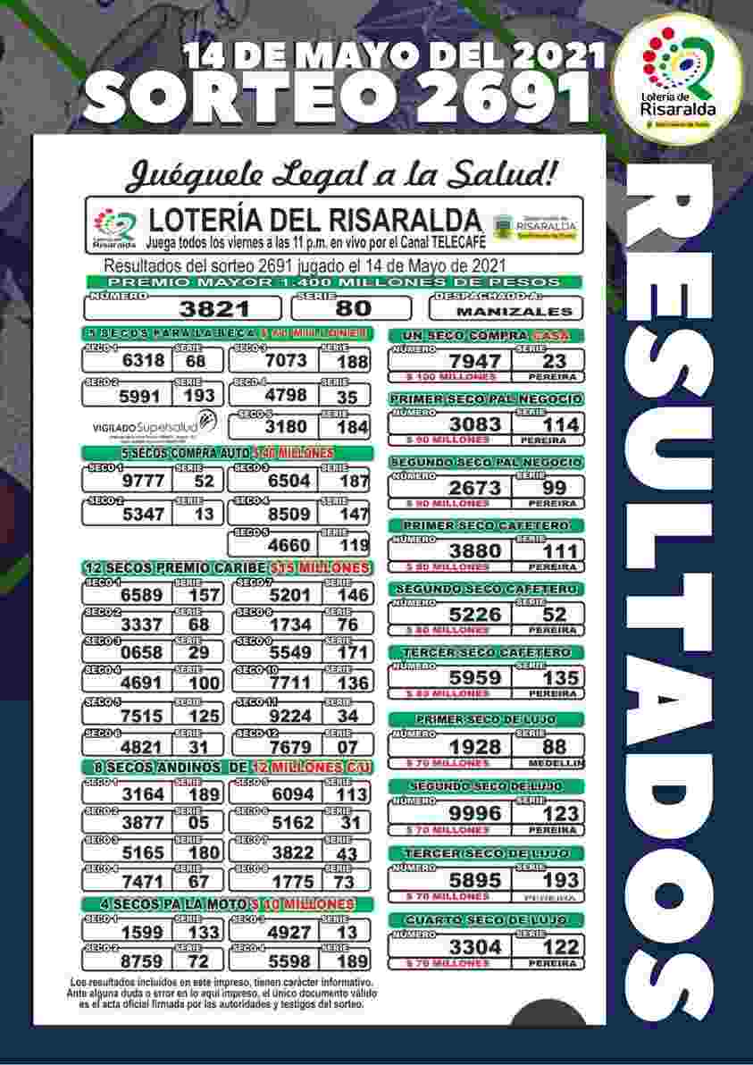 resultados 14 de mayo de 2021 en la loteria de risaralda sorteo 2691